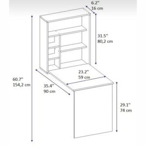 May include: A white wall-mounted desk with a fold-down top and shelves. The desk measures 60.7 inches wide, 35.4 inches deep, and 23.2 inches high when open. The shelves measure 31.5 inches high and 6.2 inches deep.