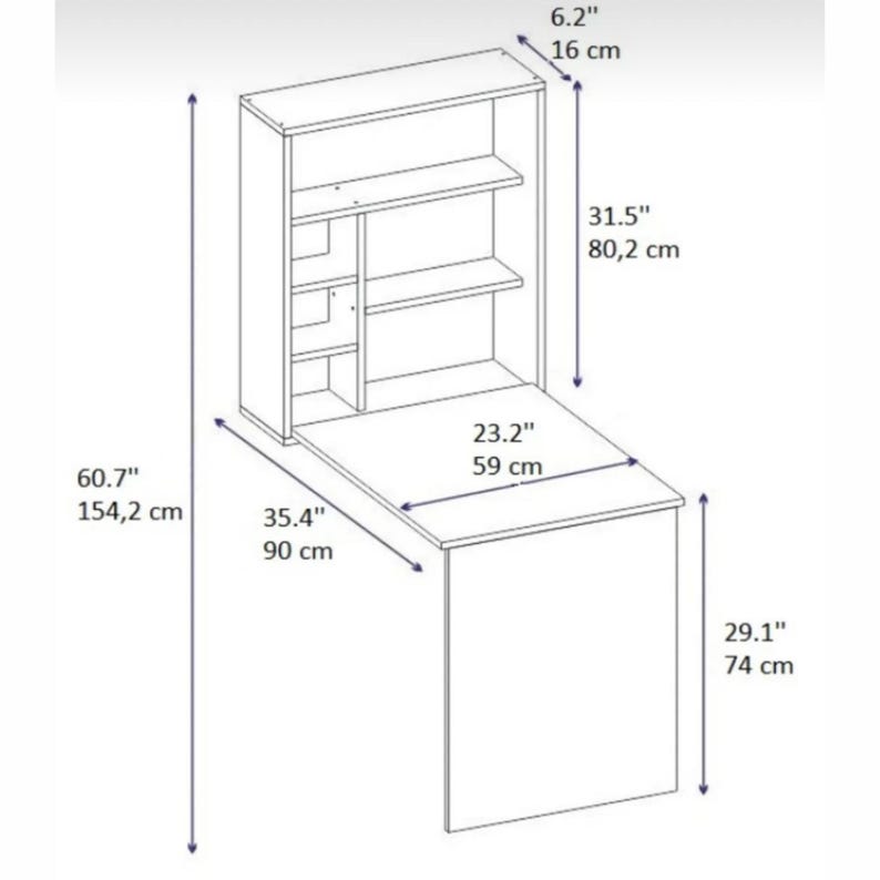 May include: A white wall-mounted desk with a fold-down top and shelves. The desk measures 60.7 inches wide, 35.4 inches deep, and 23.2 inches high when open. The shelves measure 31.5 inches high and 6.2 inches deep.