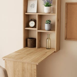 Wall Mounted Murphy Table with Shelves, Wall Folding Wooden Desk, Folding Home Office Desk, Foldable Computer Desk