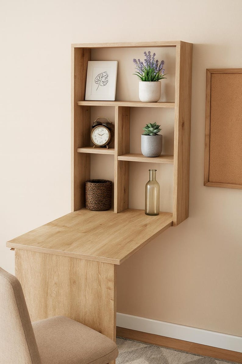 Wall Mounted Murphy Table with Shelves, Wall Folding Wooden Desk, Folding Home Office Desk, Foldable Computer Desk image 15