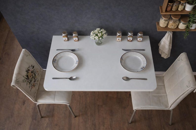 May include: An overhead shot of a small white table set for two. Two chairs with floral designs flank the table. Each place setting includes a plate, spoon, and knife. Small spice jars and a vase of white flowers are on the table.