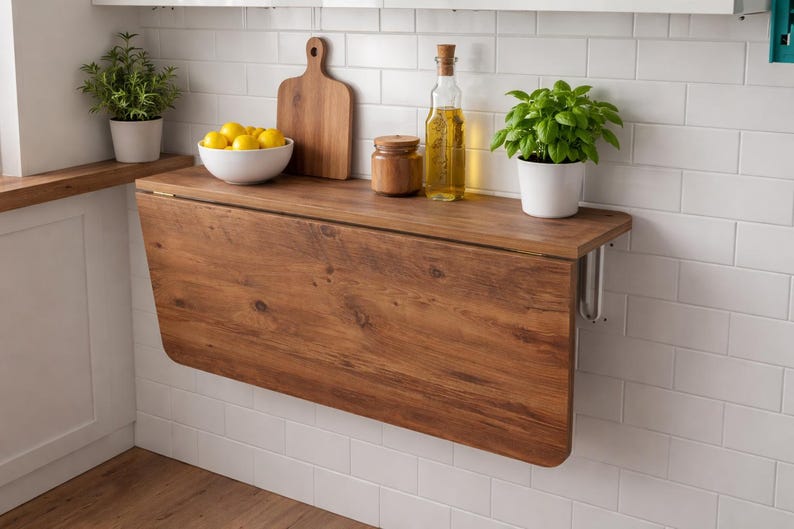 May include: A wall-mounted, folding wooden table with a warm, brown finish. The table is surrounded by a white tiled wall and a white countertop. On the table are a bowl of lemons, a wooden cutting board, a jar, a bottle of oil, and potted plants.