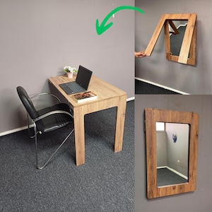 Wall Mounted Folding Mirrored Murphy Table, Framed Wooden Wall Mounted Table with Mirror, Space Saving Study Desk,Mirror Table
