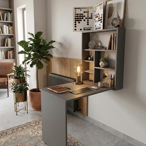 Wall Mounted Murphy Table with Shelves, Wall Folding Wooden Desk, Folding Home Office Desk, Foldable Computer Desk image 3