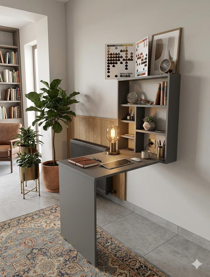 Wall Mounted Murphy Table with Shelves, Wall Folding Wooden Desk, Folding Home Office Desk, Foldable Computer Desk image 3