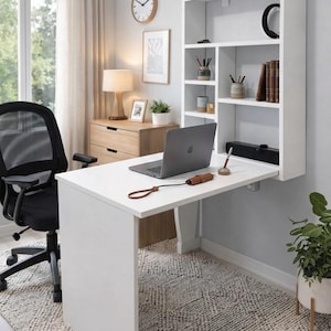 Wall Mounted Murphy Table with Shelves, Wall Folding Wooden Desk, Folding Home Office Desk, Foldable Computer Desk image 2