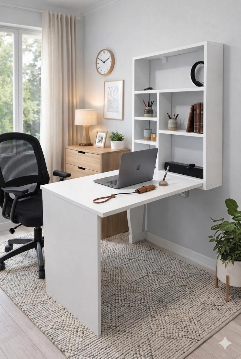 Wall Mounted Murphy Table with Shelves, Wall Folding Wooden Desk, Folding Home Office Desk, Foldable Computer Desk image 2