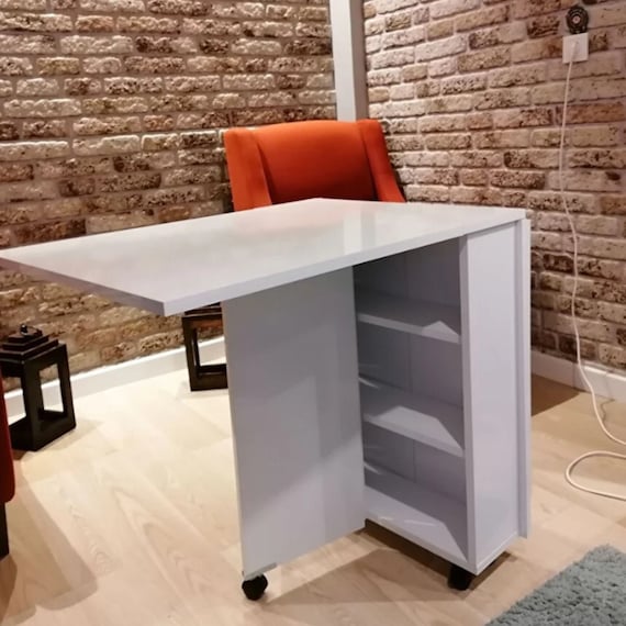 Tragbarer klappbarer Esstisch auf Rollen, platzsparender Küchentisch mit Regalen, Murphy-Tisch aus Holz mit Regalen, tragbarer Balkontisch