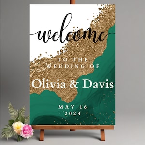 emerald wedding welcome sign, emerald green and gold banner, welcome to our wedding sign, wedding reception forest green ceremony sign, CRED