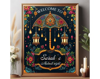 Floral Mehndi Welcome Sign Umbrella And Lanterns As Mehndi Decor Welcome To Mehndi Board Sangeet Wedding Night Indian Wedding Welcome Sign