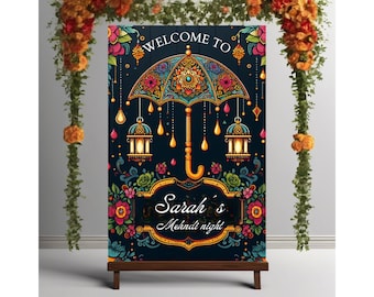 Mendhi signs, Mehndi Welcome signs & Mendhi decor sign Umbrella, Mehndi poster, Mendhi Umbrella Desi decor, Indian Wedding Welcome Sign
