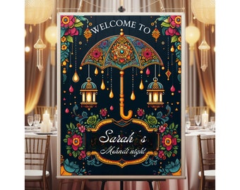 floral mehndi welcome sign, umbrella and lanterns as mehndi decor, welcome to mehndi board, sangeet wedding, indian wedding welcome sign