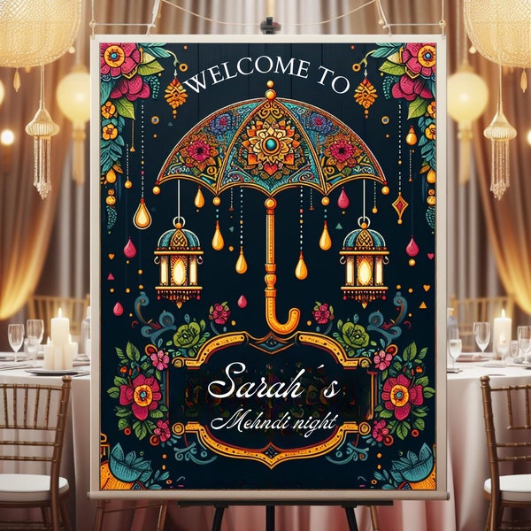 floral mehndi welcome sign, umbrella and lanterns as mehndi decor, welcome to mehndi board, sangeet wedding, indian wedding welcome sign