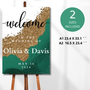emerald wedding welcome sign, emerald green and gold banner, welcome to our wedding sign, wedding reception forest green ceremony sign, CRED