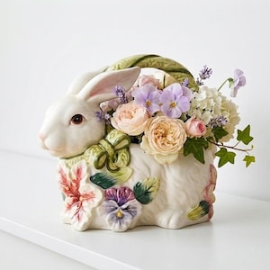 Vintage Keramik Bunny Planter, Floral Ostern Korb Vase, Osterkorb Lagerung Blumentopf, Cottagecore Kaninchen Schreibtisch Catchall