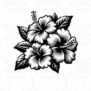 May include: Black and white illustration of a bouquet of three hibiscus flowers with leaves.