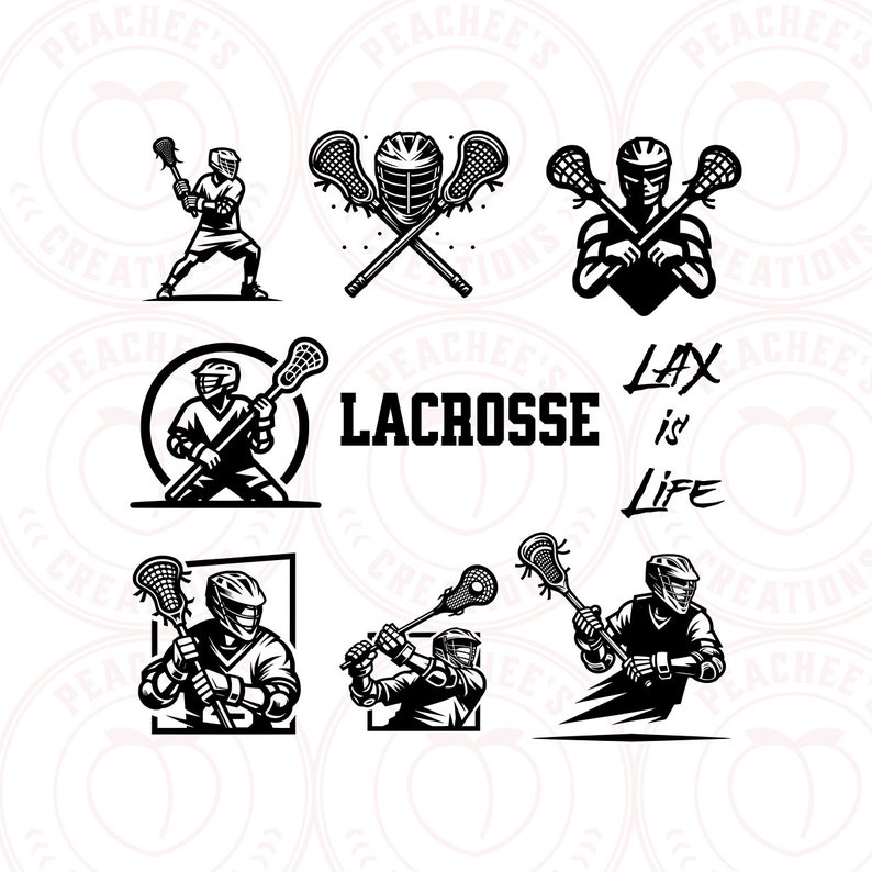 May include: Black and white illustrations of lacrosse players and equipment. The illustrations include a lacrosse player holding a lacrosse stick, a lacrosse player with a lacrosse stick crossed over another lacrosse stick, and a lacrosse player running with a lacrosse stick. The text "LAX is Life" and "LACROSSE" are also included in the illustrations.