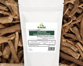 Nherbal - Ashwagandha 100 % pur biologique 600 mg x 90 gélules végétaliennes - Soulagement de la fatigue (1 mois d'approvisionnement)