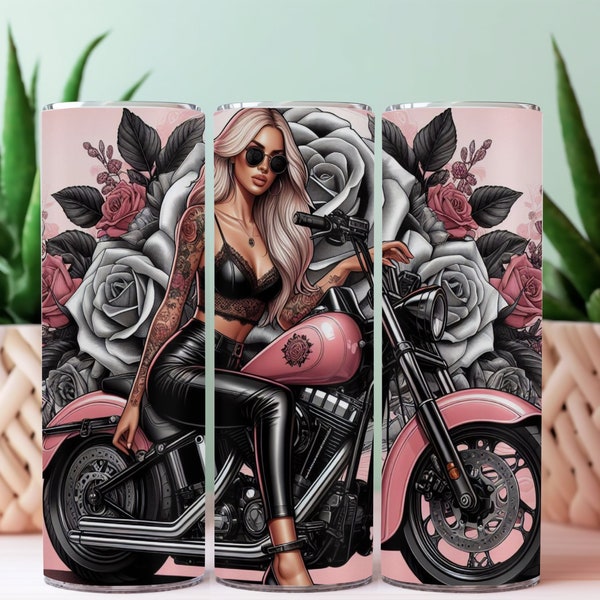 Biker Chick on a Pink Harley 20oz tumbler Sublimation Wrap