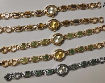 Montre-bracelet vintage en or oeil de tigre - Élégant bracelet-montre en pierres précieuses, montre-bijoux pour femme à maillons ovales chics, idée cadeau