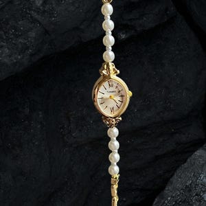 Vintage Pearl Watch Bracelet – Elegant Gold Women's Timepiece Jewelry, Gift for Her