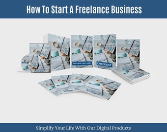 May include: A set of digital products for starting a freelance business. The products include a video, a checklist, a resource cheat sheet, and a book. The products are all white with blue text and images.