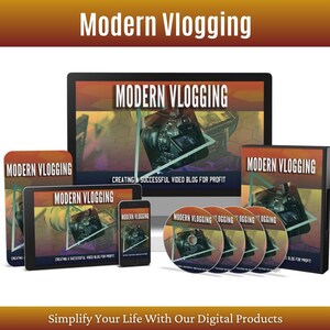 May include: A collection of digital products for learning how to create a successful video blog for profit. The products include a computer monitor, tablet, smartphone, DVD, and a DVD case. The products all feature the same design with the text "Modern Vlogging" and a camera graphic.