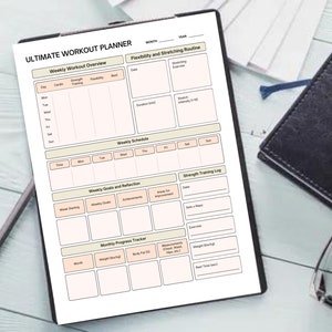 May include: A printable workout planner with sections for weekly workout overview, flexibility and stretching routine, weekly schedule, weekly goals and reflection, strength training log, and monthly progress tracker.