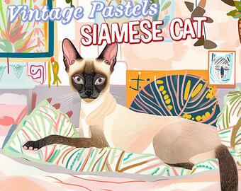INSTANT DOWNLOAD: Printable Vintage Pastel Siamese Cat Portrait - Serene Expressionist Cat Portrait Art