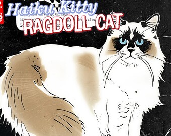 May include: A white Ragdoll cat with blue eyes and a brown tail. The cat is sitting on a black background with the text "Haiku Kitty Ragdoll Cat" in red and white.