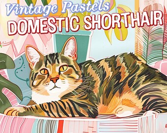 INSTANT DOWNLOAD: Printable Vintage Pastel Domestic Shorthair Cat Portrait - Serene Expressionist Cat Portrait Art