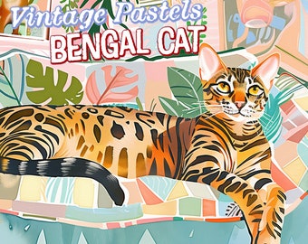 INSTANT DOWNLOAD: Printable Vintage Pastel Bengal Cat Portrait - Serene Expressionist Cat Portrait Art