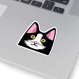 Cute Black and White Cat Head Vinyl Sticker. Tuxedo Cat Sticker, Simple Cat Sticker for Cat Lovers. Laptop Sticker