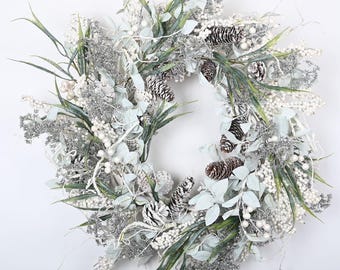Elegant Silver and White Winter Wreath – Frosted Pine Cones and Pearl Accents Christmas Decor