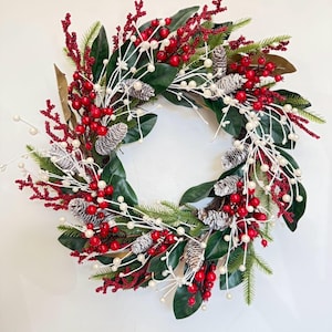 Elegant Christmas Wreath with Red and White Berries – Frosted Pine Cone and Greenery Holiday Decor