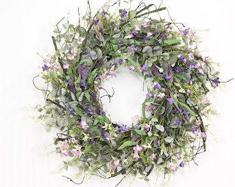 Couronne de printemps d'eucalyptus lavande fabriquée à la main de 26 po., décoration de ferme de fleurs sauvages violettes