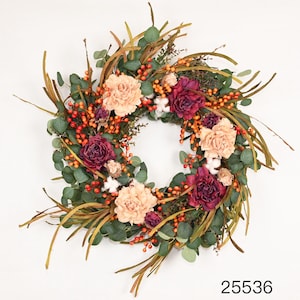 Plum & Cream Floral Eucalyptus Wreath - 28&quot; Elegant Fall Door Decor