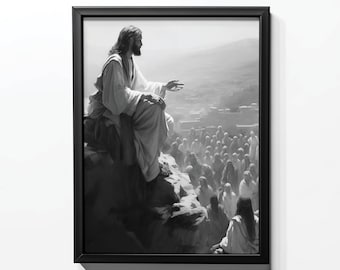 Jesus Sermon on the Mount Print | Charcoal Christian Wall Art (Digital Download)