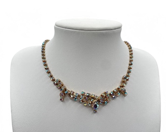 Vintage AB Aurora Borealis Rhinestone Gold-Tone Prong-Set Choker Necklace - Rainbow Colour Collectible Designer Jewelry