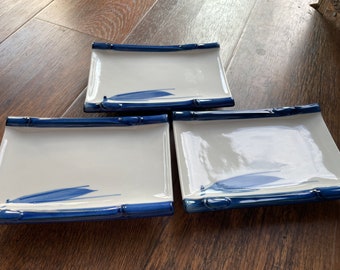 Set of 3 Vintage Japanese Porcelain Rectangular Sushi Dishes Plates Classy Blue And White Textured Bamboo crafted Marked Japan Decorative