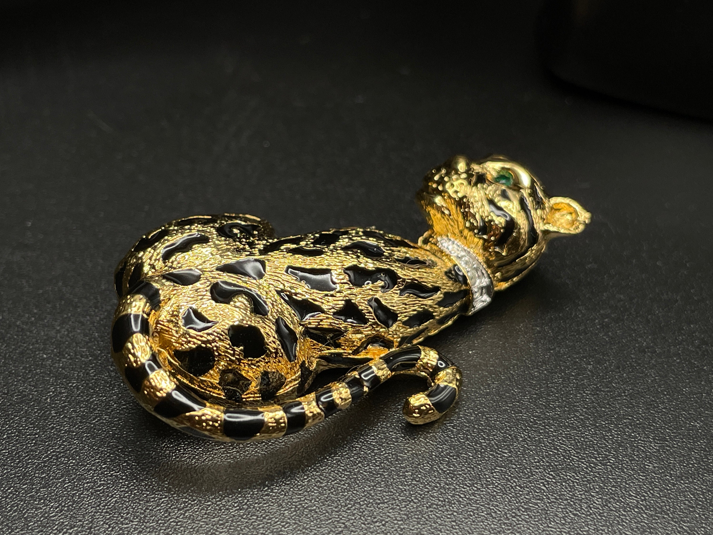 Vintage D'ORLAN Cheetah Brooch Leopard Gold Tone Enamel Bright
