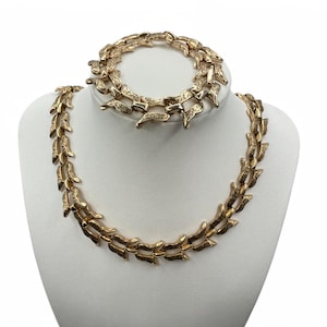 Vintage MARINO Floral Butterfly Link Necklace and Bracelet Set Gold Tone Floral Bling Signed Collectible Designer Jewelry