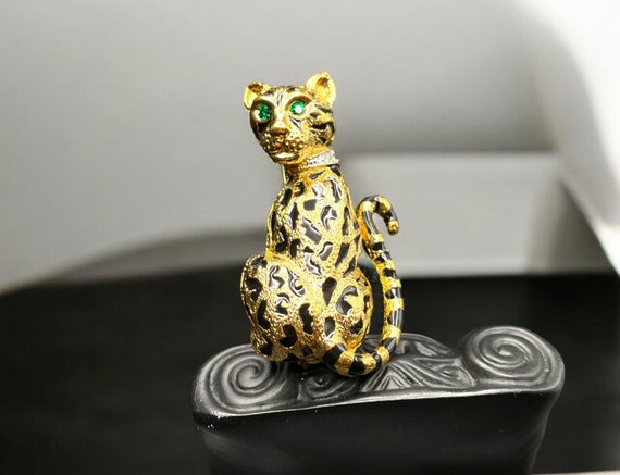 Vintage D'ORLAN Cheetah Brooch Leopard Gold Tone Enamel Bright