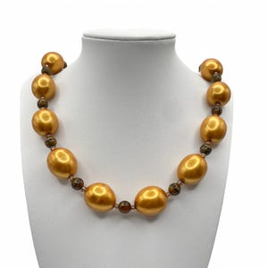 Vintage JOAN RIVERS Golden Egg Pearl Style Necklace with Tiger&#39;s Eye Glass Acrylic Bead Gorgeous Jewelry Collectible Gift