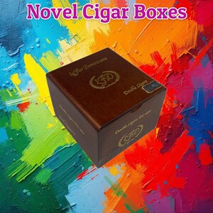 May include: A brown wooden cigar box with gold lettering and the text "La Flor Dominicana" and "Double Ligero." The box is set against a colorful, abstract background. The text "Novel Cigar Boxes" is at the top.