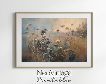 Printable Wildflower Field Vintage Painting Rustic Thistle Landscape Wall Art Decor Country  Side Digital Download Artwork