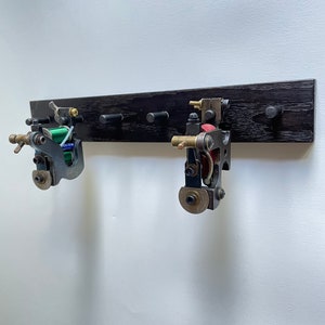tattoo machine rail holder EBONIZED OAK wood and steel pegs 12in wall mounted