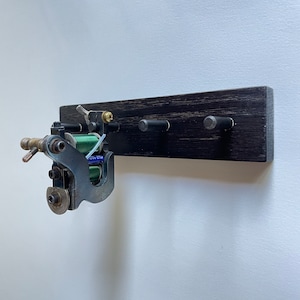 tattoo machine rail holder EBONIZED OAK wood and steel pegs 8in wall mounted