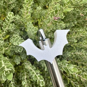 May include: A white plastic bat-shaped bottle stopper with a silver metal bottle top.