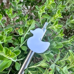 May include: A pale blue duck-shaped bottle stopper with a stainless steel stem. The stopper is set against a backdrop of green foliage. The duck design adds a whimsical touch to the barware.